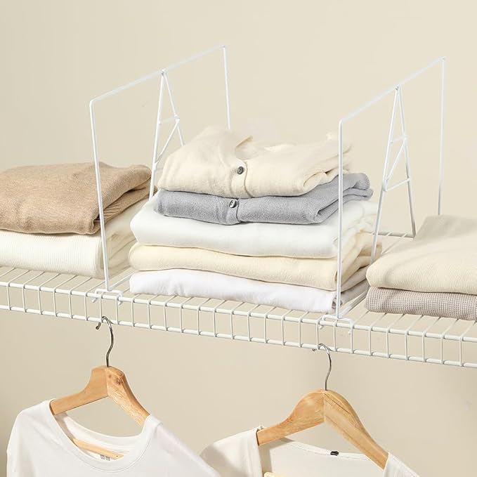 Wire Shelf Dividers - White Closet Organization & Storage Organizer - No Tool Shelf Divider for Wire Shelves - Metal Shelf Accessories – for 16“ Deep Wire Shelves – Tall 12” Height – 8 Pack