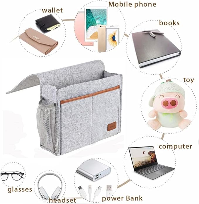 Bedside Caddy,Felt Bedside Storage Organizer, Hanging Storage for Dorm Bed Sofa for tablet Magazine Phone Remotes and Water Bottle Holder (Light Grey)