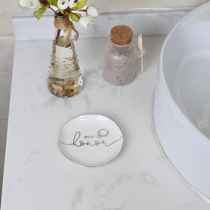 Wedding Ring Dish For Maid of Honor-Jewelry Dish Tray-Gifts for Bridesmaid,Ceramic White