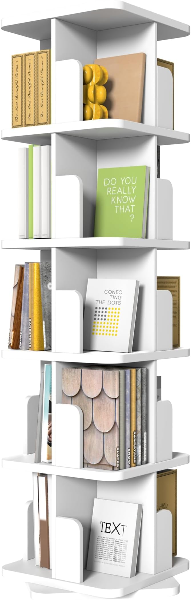 MHOM White Rotating Bookshelf, 360 Display 5 Tier Rotating Bookshelf Tower, Floor Standing Revolving Bookcase, Wooden Small Bookcase for Small Spaces, and Living Room