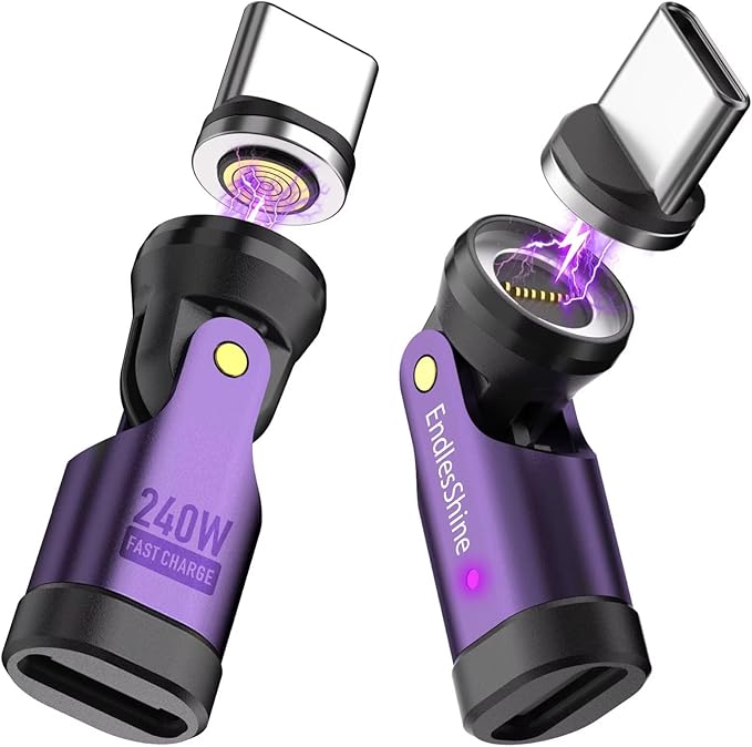 Magnetic USB C 90 Degree Adapter 240W, Can Be Type-C Cord Into Right Angle Magnetic USB C Charging Cable, Magnet Charger USBC Adapter 180&360 OTG Tips for Phone 17/16 Tablet(2 Pack Purple)