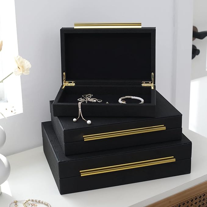 Faux Shagreen Leather Jewelry Storage Boxes Set of 3 with Gold Handles, Velvet Lined Stackable Organizer for Women, Vanity, Dresser, Gift, Black