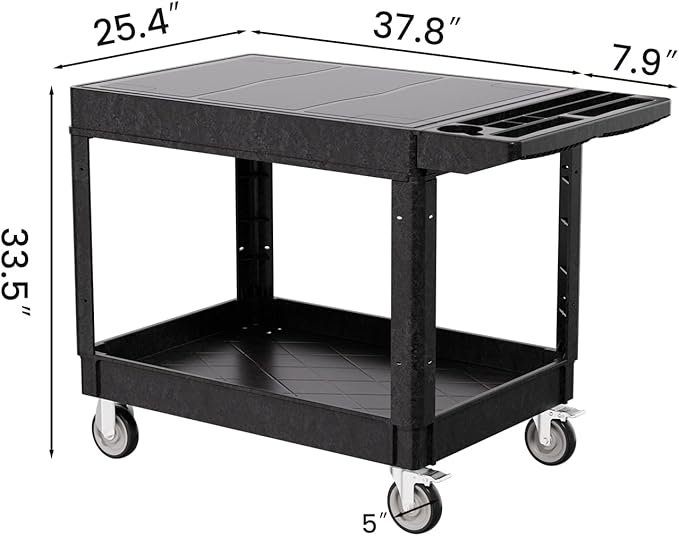 2 Tier Plastic Rolling Utility Cart on Wheels, Heavy Duty Tool Cart with Deep Shelves and 360° Swivel Wheels Holds up to 550 lbs, Service Cart for Garage, Warehouse, Cleaning (Black-L-Flat Top)