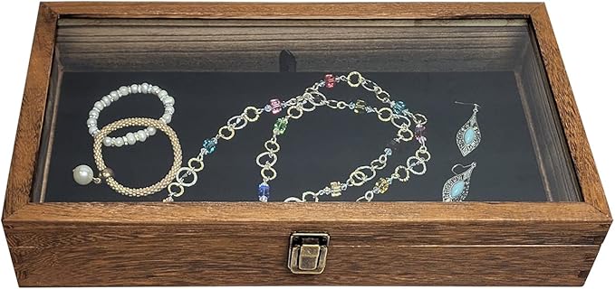 MOOCA Glass Top Wooden Jewelry Display Case with Removable Black Luxurious Velvet Jewelry Display Pad, Deeper 2.75-Inch Design for Taller Collectibles, Brown Color