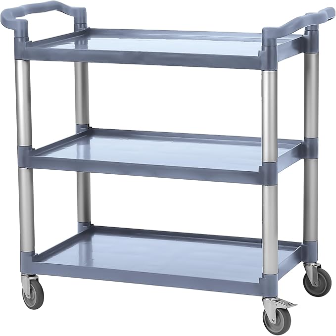 3-Tier Heavy Duty Utility Cart with Wheels, 43" Lx 21" W x 38" H, Durable Rolling Cart for Restaurant, Office, Kitchen, and Warehouse Use, Lockable 360° Swivel Casters Service Cart, Grey