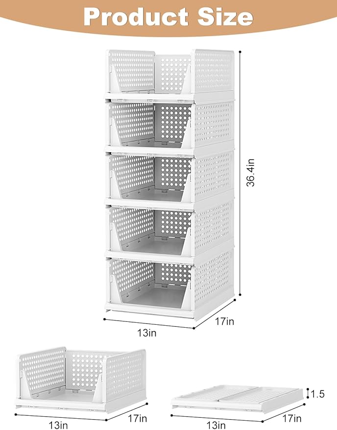 5 Pack Closet Organizer System, Stackable Plastic Clothes Storage Basket, Stackable, Foldable Organizers for Wardrobe Clothes Organizer Suitable for Bedrooms Bathrooms Kitchen Living Rooms Office Dorm