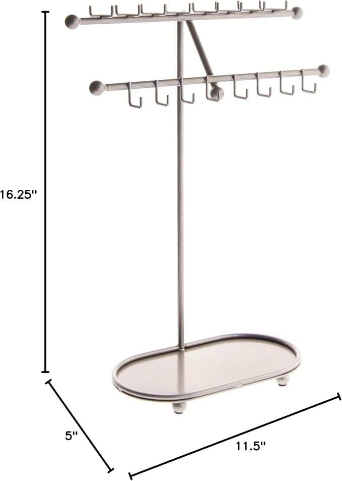 Angelynn's Sturdy Extra Long Necklace Holder Organizer Tall Tabletop Pendant Display Stand, Freestanding Large Capacity Jewelry Tree, Sharisa Satin Nickel Silver 11 3/4" Wide x 16 1/2" Tall