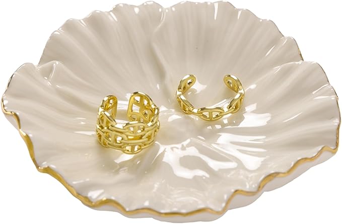 Flower Ring Dish, Ceramic Ring Holder Jewelry Tray Trinket Dish, Fairy Organizer Plate Vanity Decorations, Gifts for Friends Sisters Daughter Mother (White)