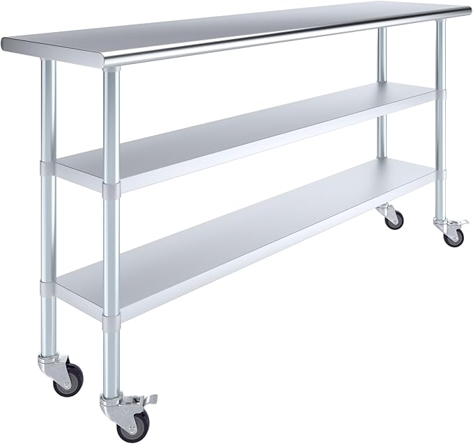 AmGood Stainless Steel Work Table with 2 Shelves and Casters | Metal Utility Table On Wheels (Stainless Steel Work Table with 2 Shelves + Casters, 72" Long x 18" Deep)