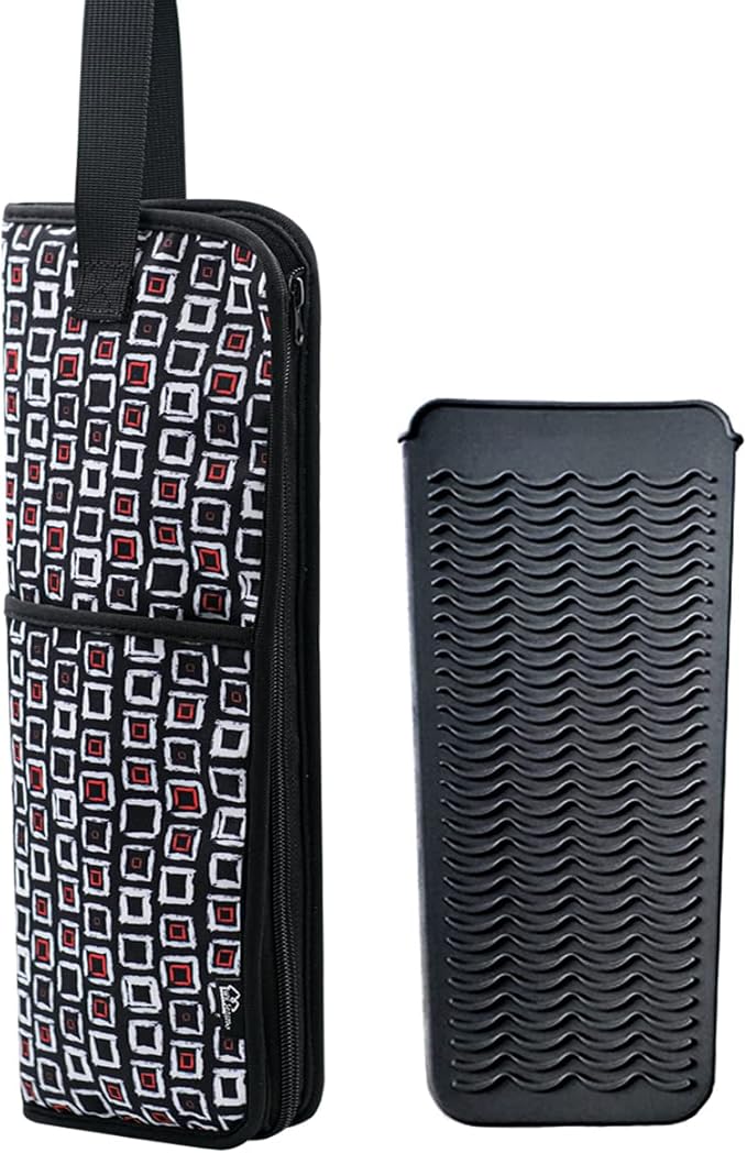 2 Pieces Hair Flat Iron Case Holder Canvas Bag Heat Resistant Curling Iron Silicone Straightener Holder Mat for Hair Tools Curling Iron Organizer Bag (Black check)