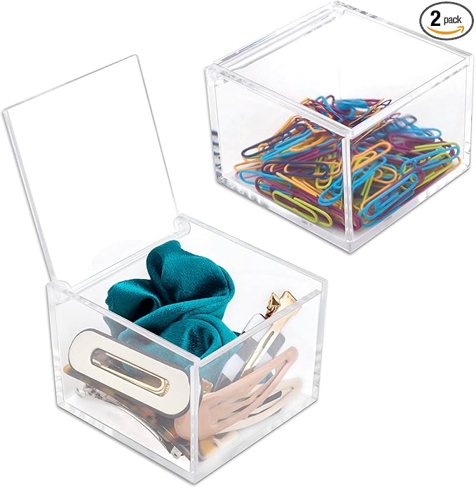 2 Pack Small Clear Acrylic Organizer with Lid for Paper Clips,Sticky Note,Qtip,Cotton Balls,Hair Ties Holder Acrylic Box for Home office Bathroom Desk Organizer