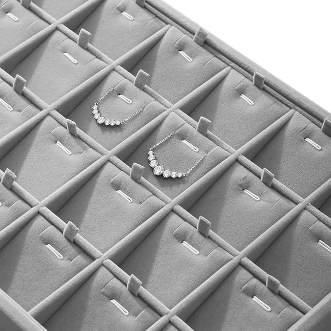 Velvet Necklace Display Tray, Stackable 24 Grid Insert Pendant Necklaces Storage Holder Plate, Jewelry Retail Countertop Organizer (Gray)