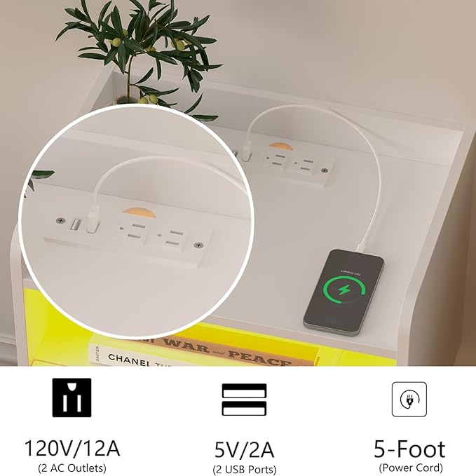 White Floating Nightstand with Charging Station and LED Lights (White)