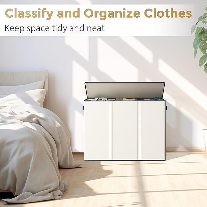 180L Laundry Hamper 3 Section, Large Laundry Basket with Lid, Laundry Basket Organizer with Handles, White Divided Laundry Baskets, Clothes Hampers for Laundry, Bedroom, Bathroom