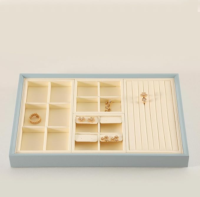 Dark Blue Jewelry Display Tray Ring Necklace Earring Bangle Organizer Multifunctional Storage Case for Jewelry Showcase (Small 4 Grids Earrings Tray(beige))