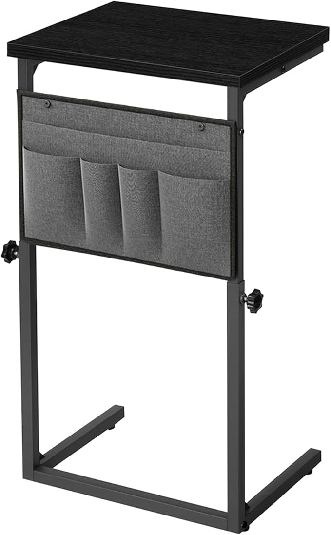 HOOBRO C Shaped End Table, 29.5’’ Adjustable Height Side Table with Storage Pockets, Couch Table Slide Under for Sofa, Small Space, for Living Room, Bedroom, Black BB77SF01