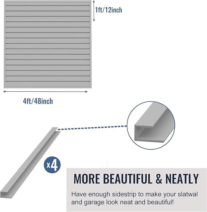 Slatwall Panel Garage Organizer PVC Slatwall Heavy Duty Wall Mounted Rack, Interlocking Slat Wall Panels for Tool Organization Peg Board(Grey 4 x 4 ft)
