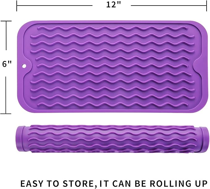 Silicone Dish Drying Mat for Multiple Usage,Easy clean,Eco-friendly,Heat-resistant Silicone Mat for Kitchen Counter or Sink,Refrigerator or Drawer Liner Purple S 12 inches x 6 inches