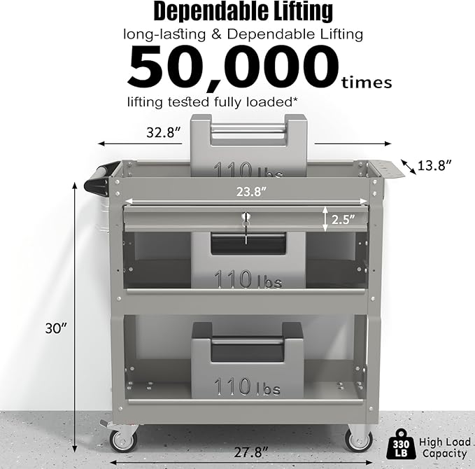3-Tier Rolling Tool Cart, Metal Heavy Duty Utility Cart on Wheels with Lockable, 330 lb. Load Large Storage Capability Tool Cart for Garage, Warehouse, Repair Shop（Gray）