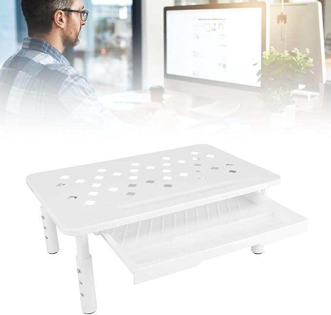Diyeeni Computer Monitor Stand Riser, Desk Organizers and Accessories with Drawer, Laptop Stand for Desk, Adjustable Height 10.5-14.5cm, 20KG Bearing, Ventilation Hole (White)