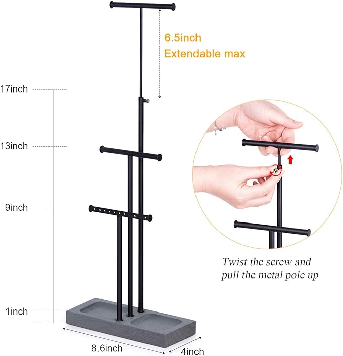 Love-KANKEI Jewelry Organizer Stand Metal & Wood Base and Large Storage Necklaces Bracelets Earrings Holder Organizer Gift Black and Weathered Grey