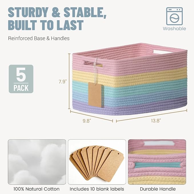 5 Pack Rainbow Woven Storage Baskets for Shelves, Decorative Toy Baskets Organizer for Kids Room, Nursery, Playroom, Classroom – Colorful Cotton Rope Toy Storage Bins for Organizing & Decor