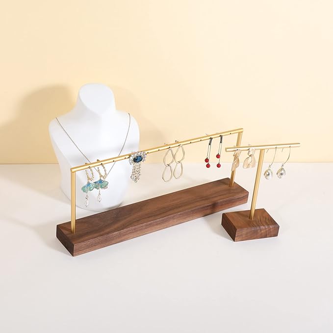 GemeShou wooden earring holder organizer for girls, walnut stud earring display stand for boutique store, jewelry storage organizer shelf【Walnut stand-One Tier】