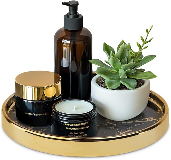 Small Round Black Decorative Tray – Marble Look Jewelry Dish, Perfume Organizer, Makeup Vanity Tray for Dresser, Counter, or Bedroom