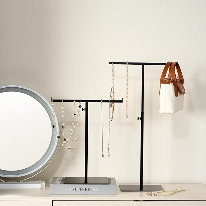 Purse Display Stand Jewelry Towers - 2 Pack Purse Stand Handbag Bag Display Black Tabletop Stainless Steel Hook Hanging Jewelry Stands for Necklaces Organizer Adjustable Height Home Store Boutique