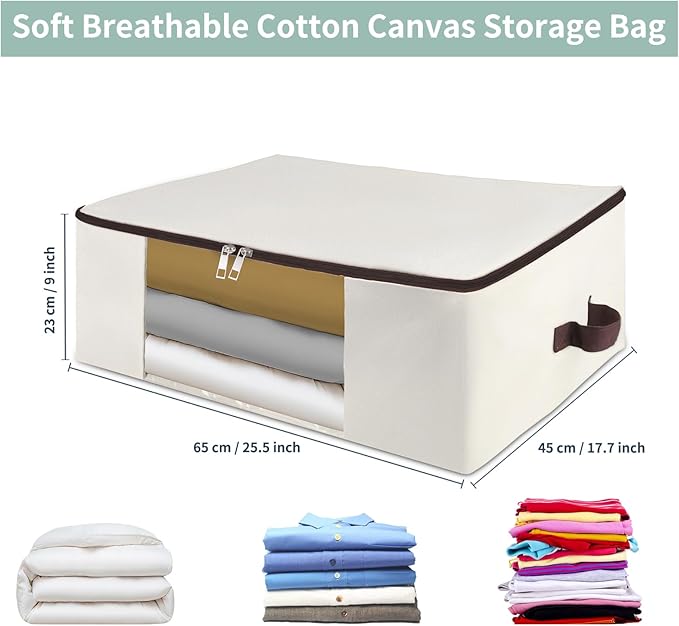 3-Pack 25.5x17.7x9 Inch Clear Window Storage Bags - Foldable Canvas Organizers for Clothes, Blankets & Pillows with Triple-Zip & Carry Handles - Beige Closet/RV Storage Solution