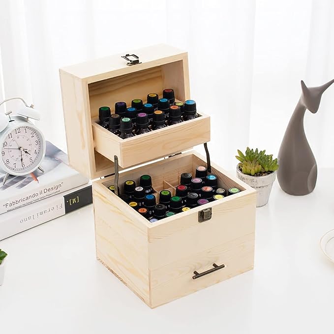 3 Tiers Essential Oil Storage Box, Wooden Perfume Bottle Display Organizer Case w/59 Slots, for 15 ml Bottles Nail Polish Collection Holder