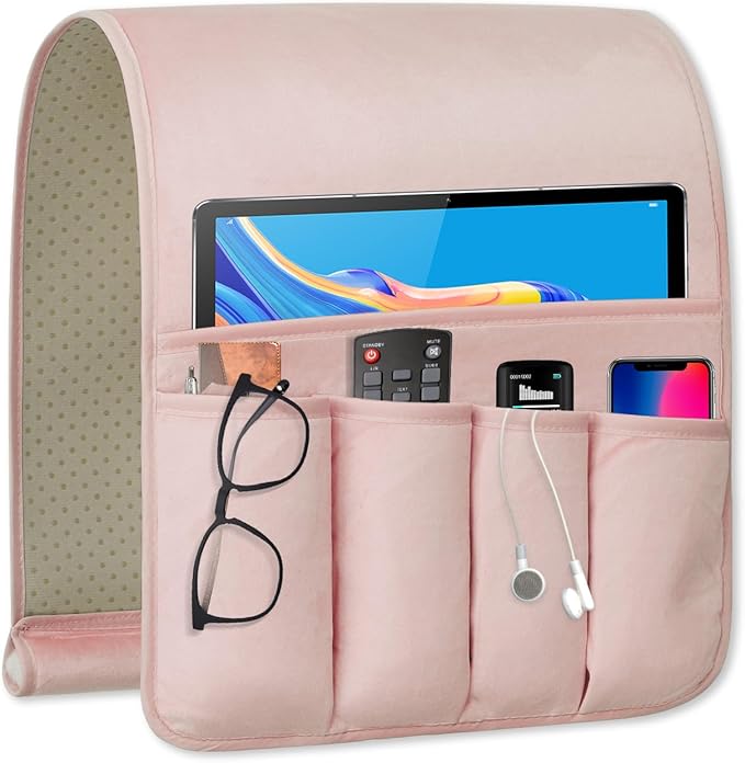 Remote Control Holder for Armchair，Couch Caddy Organizer TV Remote Holder for Bed Storage 5 Pockets，Remote Caddy Bedside Organizer Bedside Table Organizer (Pink, 35"x12.4")