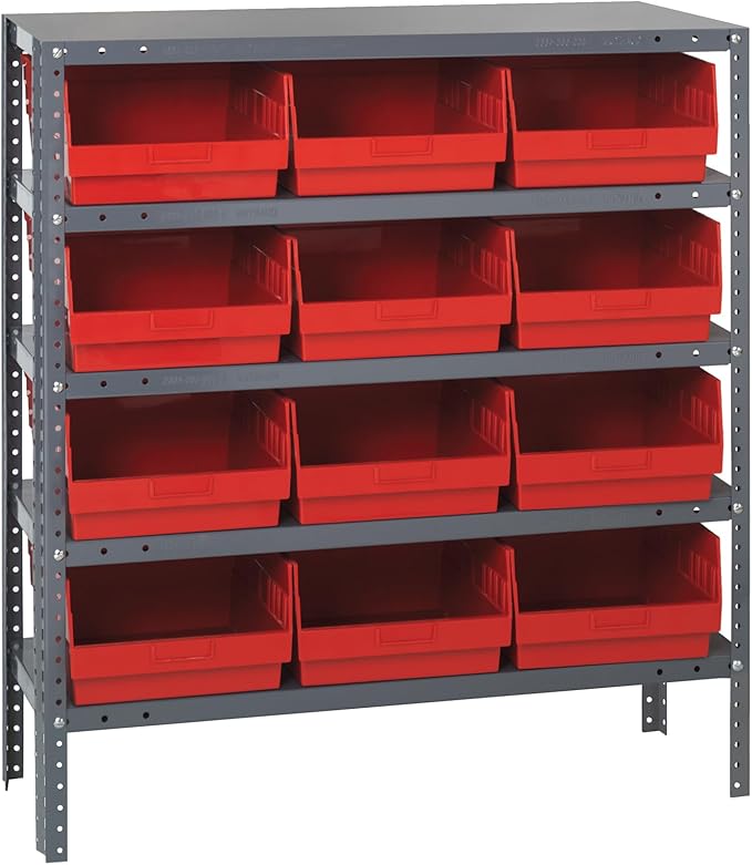 Quantum Storage Systems 1239-209RD Store More Steel Shelving Unit with 6" Shelf Bins, 12" D x 36" W x 39" H, Red