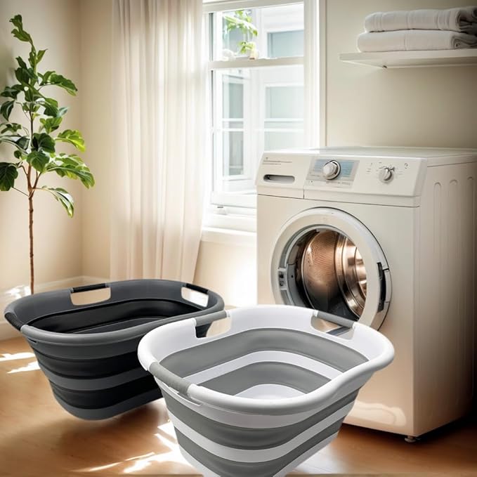 SAMMART 40L (10.5 Gallon) Collapsible Plastic Laundry Basket - Space Saving Storage Container/Organizer - Portable Washing Tub - Foldable Pop Up Hamper/Basket (2, Grey+ Black)