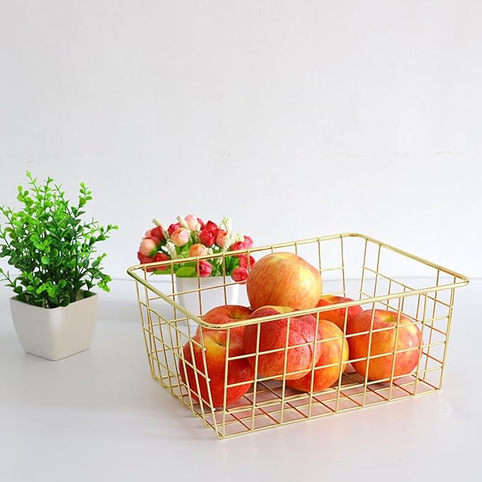 4 Pack Gold Wire Baskets for Organizing Office Wire Storage Basket Gold Metal Storage Baskets for Kitchen Cabinets, Bathroom, Countertop
