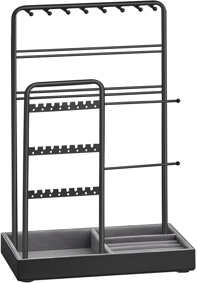 SONGMICS Jewelry Holder, Jewelry Organizer, Jewelry Display Stand with Metal Frame, Velvet Tray, Necklace Earring Bracelet Holder, for Studs, Rings, Christmas Gift, Ink Black UJJS021B01