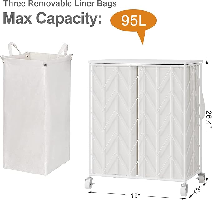 WOWLIVE Laundry Basket with Wheels, Heavy Duty Laundry Hamper with Wood Lid, Clothes Hamper with Divided Removable Liner Bag, Large Capacity Iron-Made Laundry Sorter Laundry Room Organization (White)