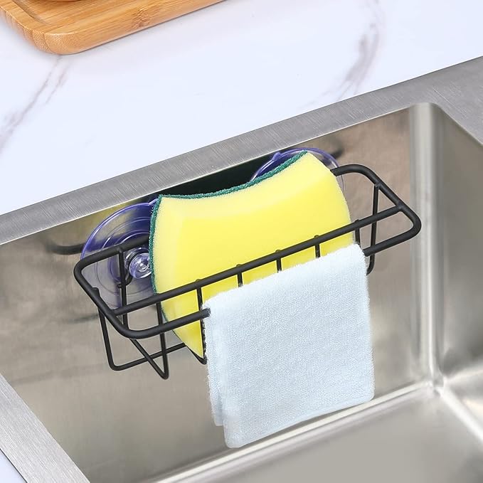 Sink Caddy Sponge Holder for Kitchen Sink Dish Cloth Hanger 2 Suspension Options(Suction Cups and Adhesive Hook), SUS304 Stainless Steel, Black