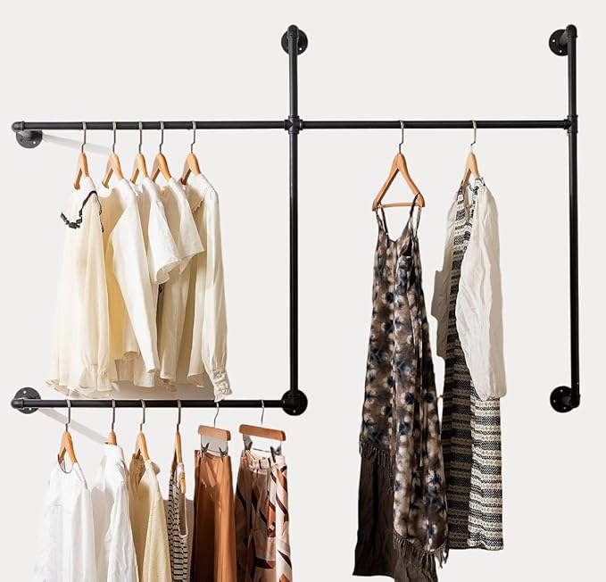 Industrial Pipe Clothing Rack Heavy Duty Wall Mounted Clothes Rack,Pipe Garment Rack Rail,Indoor Detachable Multi-Purpose Clothing Hanging Rod/Garment Bar, Black (3 hanging rods wall garment rack)