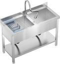 Stainless Steel Utility Sink Commercial Stainless Steel Double Bowl Utility Sink with Faucet, Drainboard & Lower Shelf - Heavy Duty Kitchen Prep & Cleaning Station for Restaurant, Garage, Laundry Room