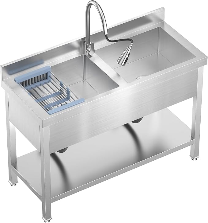 Stainless Steel Utility Sink Commercial Stainless Steel Double Bowl Utility Sink with Faucet, Drainboard & Lower Shelf - Heavy Duty Kitchen Prep & Cleaning Station for Restaurant, Garage, Laundry Room