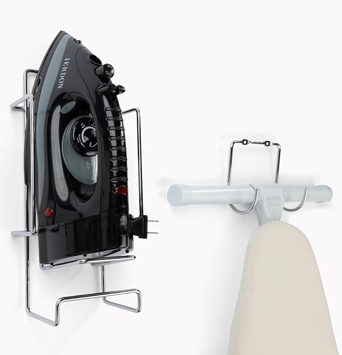 JERDON Ironing Board Holder and Iron Caddy - Stainless Steel Iron Holder with Hook - J525C