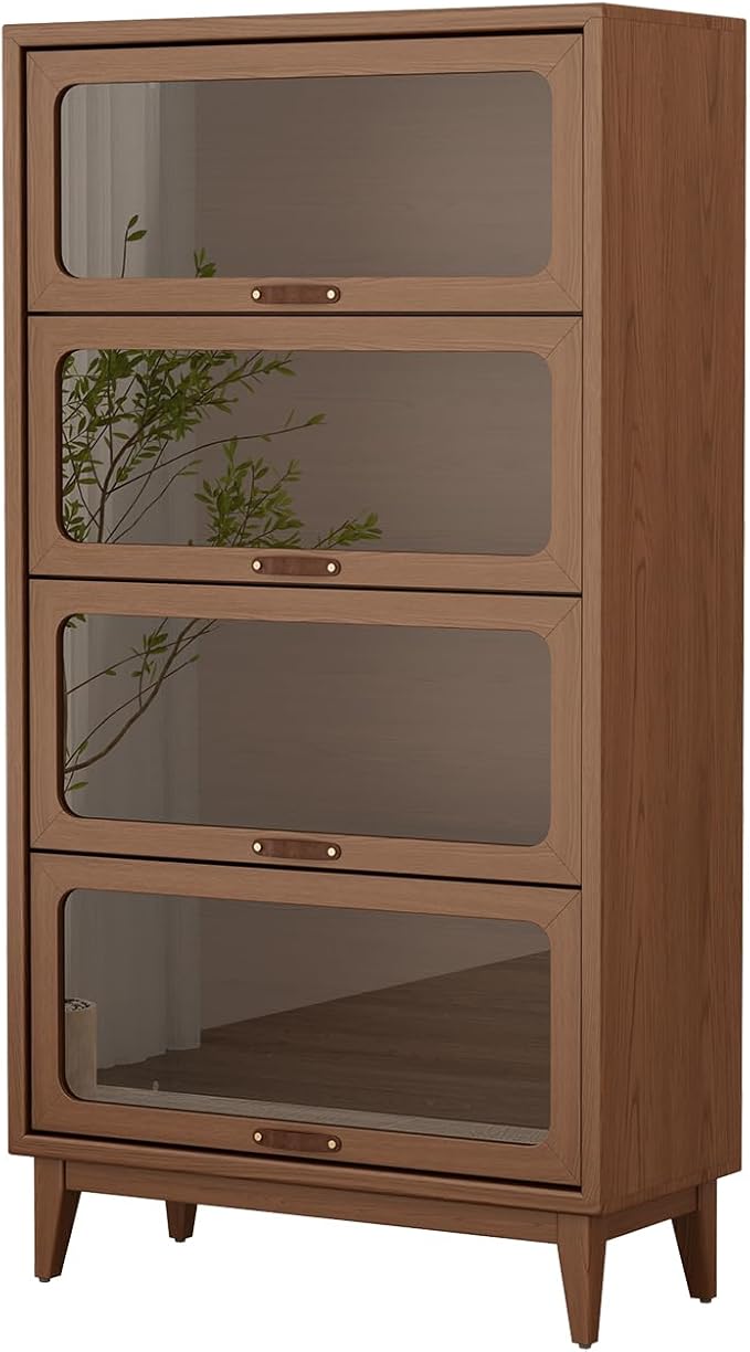 Solid Wood Bookcase 4-tire with Tempered Glass Flip-Up Doors,60Hx13.7Dx32W Bookshelves Finish Cube Storage Organizer,Bookshelf Versatile Pantry Cabinet for Living Room Home Office