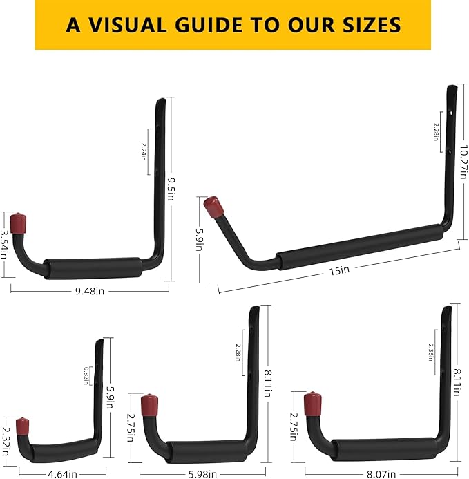 6 Pack Garage Hooks Heavy Duty with EVA Pads and Rubber End Caps, 5.98inch Steel Kayak Storage Hooks for Hanging Bikes, Ladders, Folding Chairs and Garden Tools