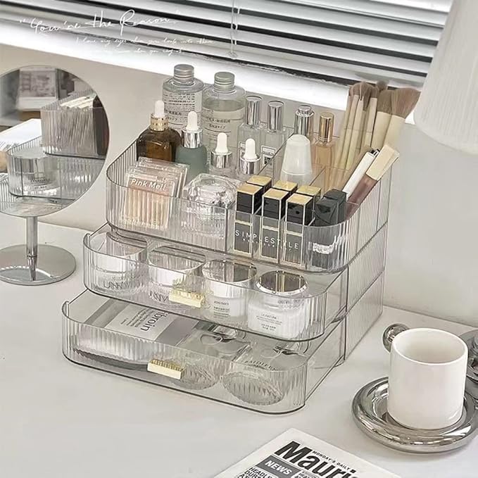 MIUOPUR Makeup Organizer with Stackable Drawers, Bathroom Vanity Organizers and Storage, Ideal for Desk and Dresser Countertops, Great for Cosmetics, skincare, Lipsticks, Nail Care -Clear