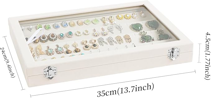 Wudygirl Jewelry Organizer Velvet Earring Organizer with Clear Lid 32 Pairs Earring Holder Jewelry Tray Display Case (Beige 64 Slot)