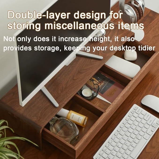Solid Wood Monitor Stand for Saving Space, Monitor Riser with Storage, 2 Tier Computer Stand with Drawer, Multifunctional Desk Organizer for Home, Office(60cm-23.6in)