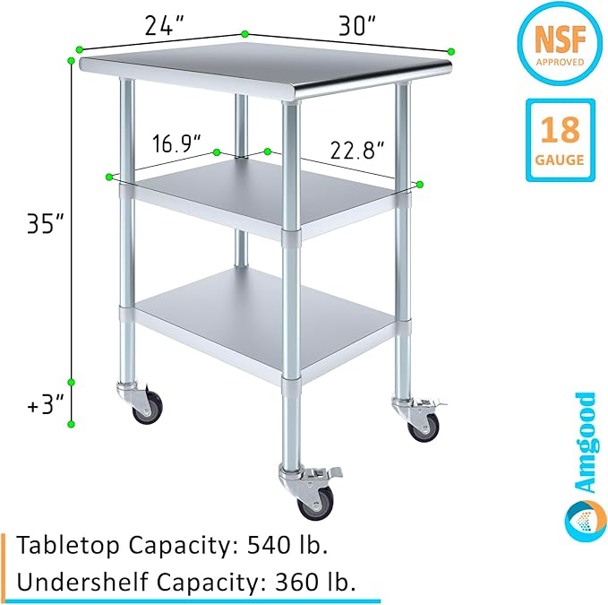 AmGood Stainless Steel Work Table with 2 Shelves and Casters (Stainless Steel Work Table with 2 Shelves + Casters, 24" Long x 30" Deep)