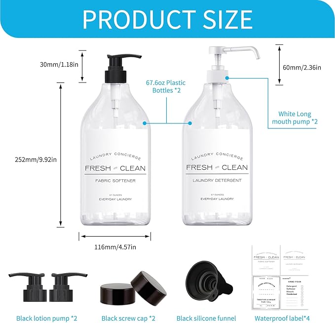 1/2 Gallon Laundry Detergent Dispenser Bottle - Refillable Fabric Softener Clear Pump Bottle - Liquid Soap Dispenser for Laundry Room Organization, BPA Free & PET Plastic - Pack of 2
