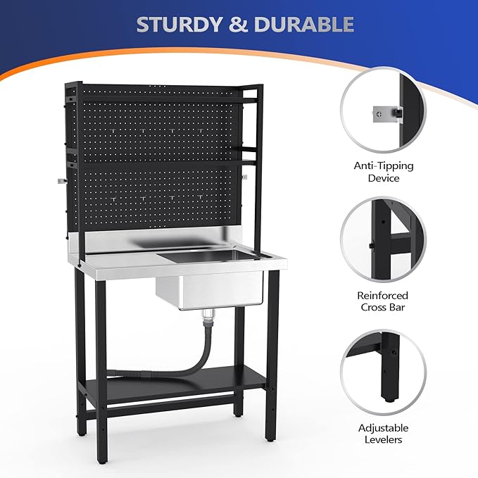 VINGLI 67'' Commercial Sink with Drainboard and Adjustable Shelves Pegboard for Hanging Tools, 304 Stainless Steel Table Freestanding Utility Counter Restaurant, Garage Silver & Black 1